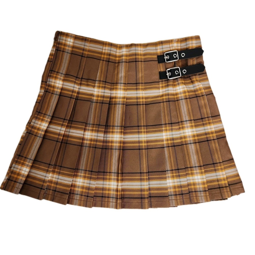 Brown Plaid Pleated Mini Skirt Y2K Academia Schoolgirl Buckle 7-9 No‎ Boundaries